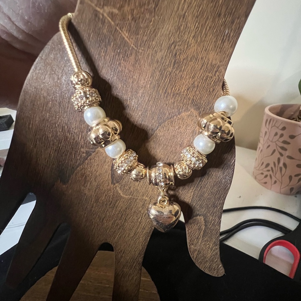 Gold Tone Beaded Heart Charm Bracelet - Women's Jewelry